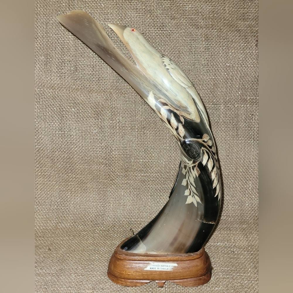 11" Buffalo Horn Carved Bird Sculpture Handmade In Thailand Wooden‎ Base Vintage